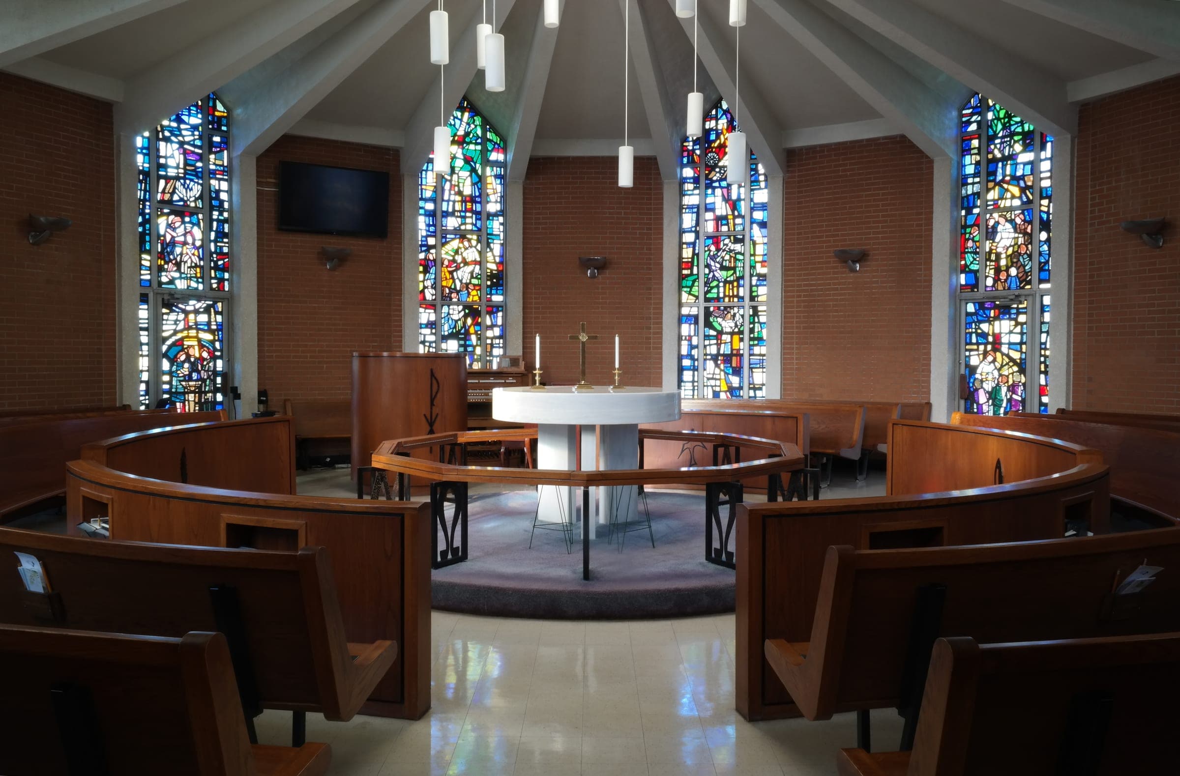 The octagonal chapel with stained-glass windows on every side